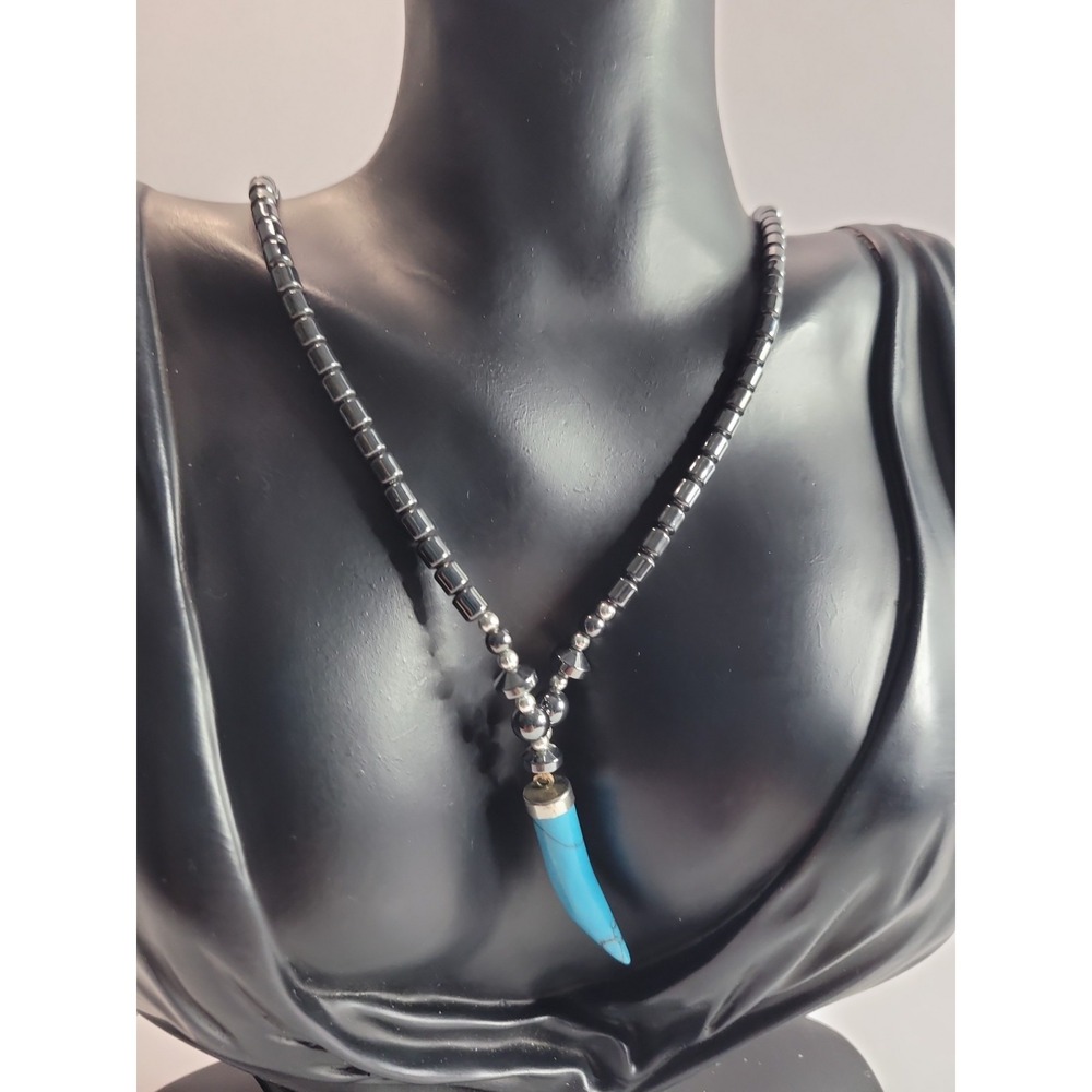 Blue Horn Pendant Back Beaded Necklace BoHo Statement Fashion Jewelry